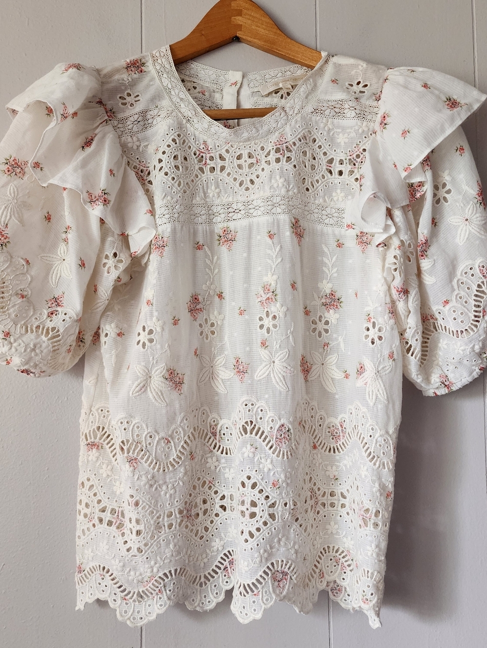 LoveShackFancy Eyelet Lace Blouse White Pink Floral Embroidery Puff Sleeve XS